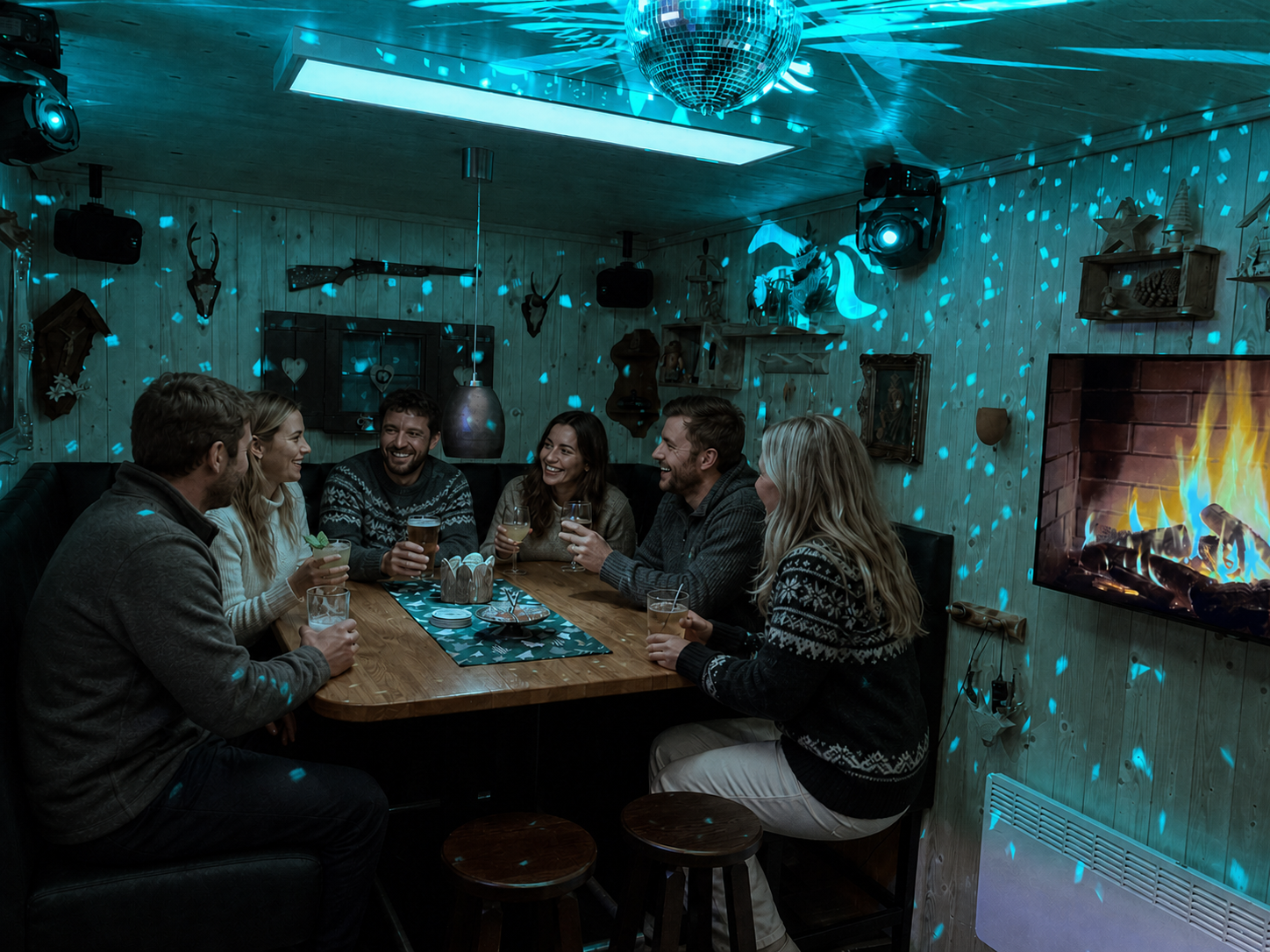 Gesellschaftsrunde im TinyClub mit Cyan-Licht und Drinks