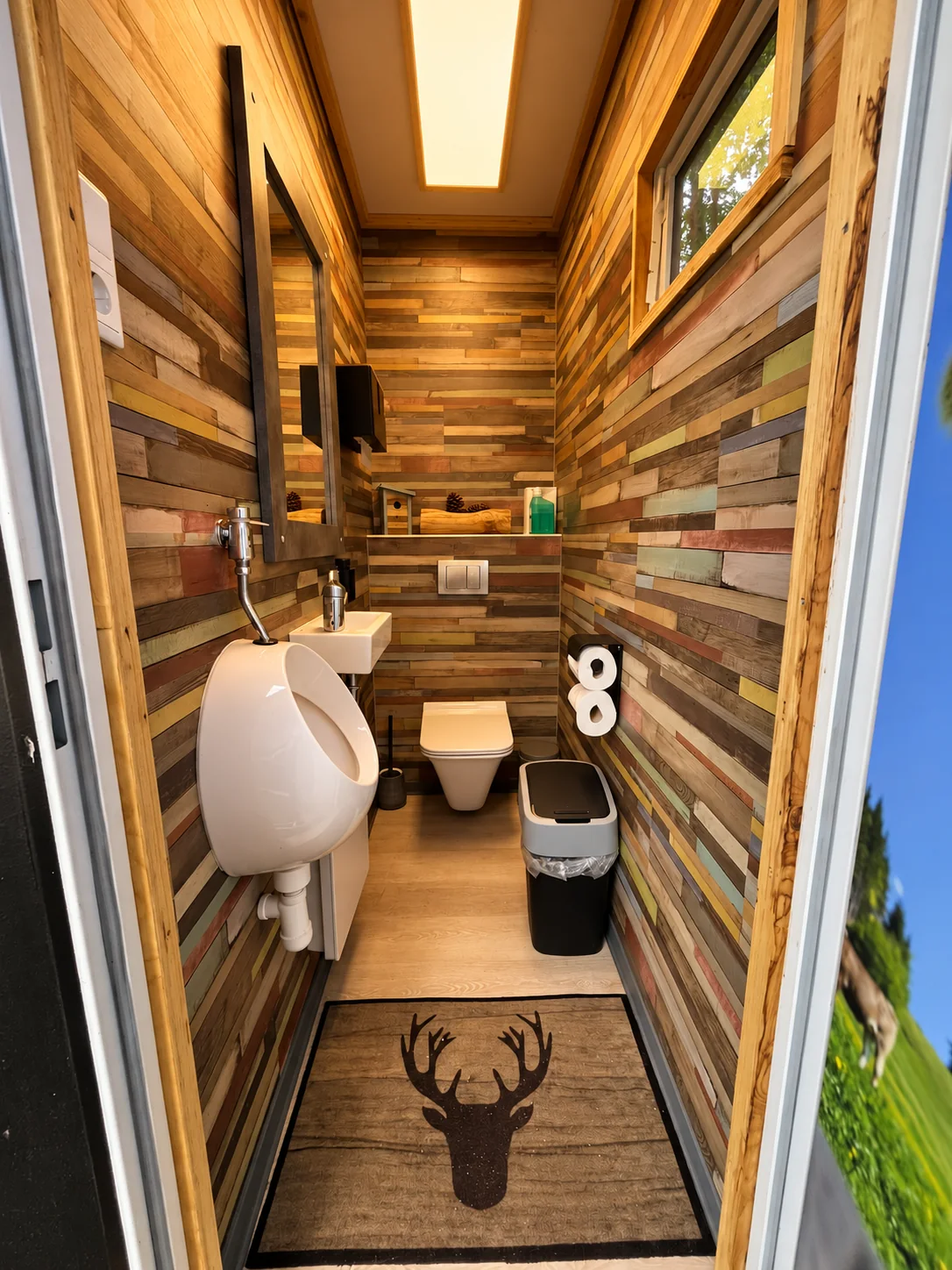 Fest im TinyClub verbaute Toilette mit warmer Holzverkleidung